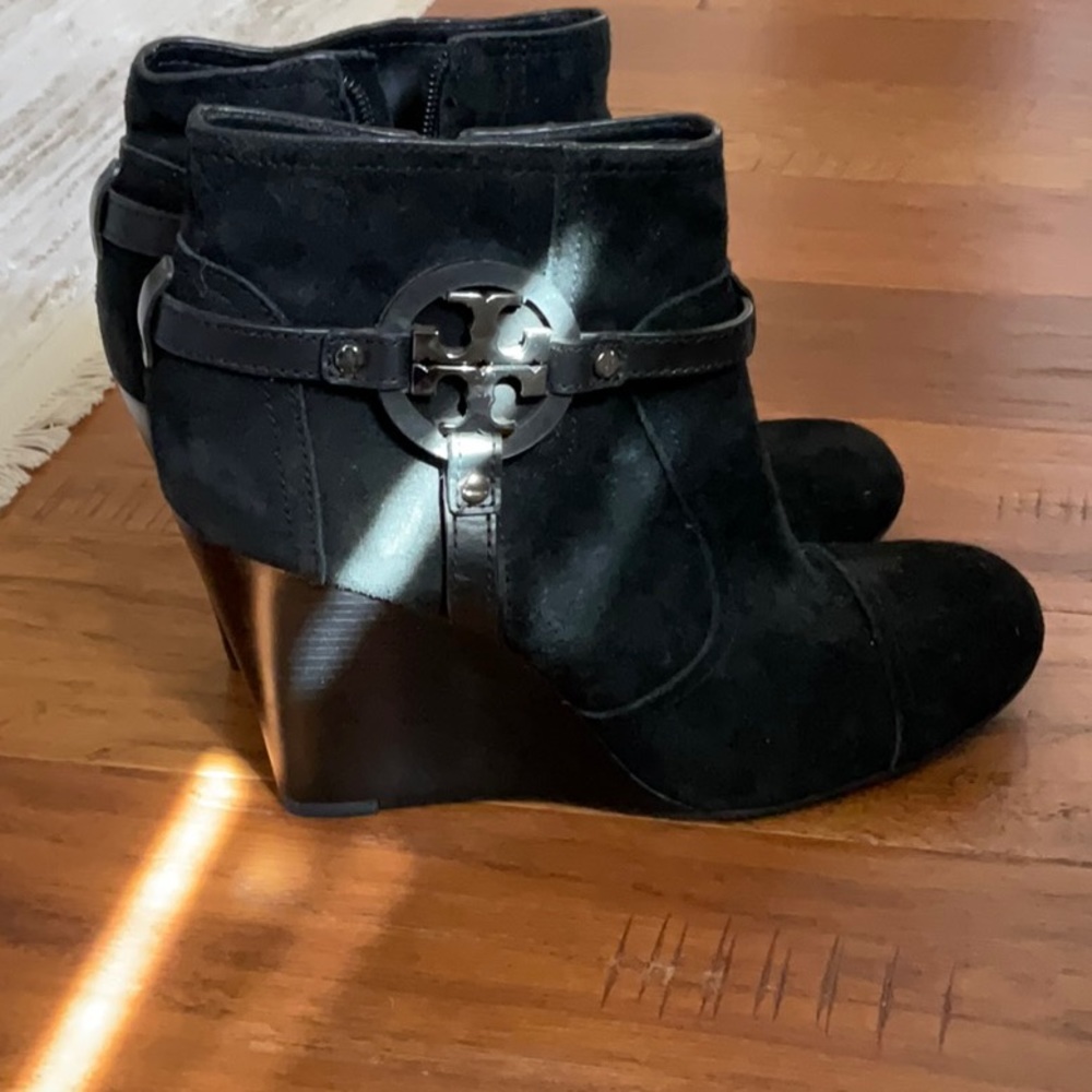 Tory Burch Wedge Ankle Booties Black Suede Women's size 10.5